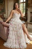 Plus Size Light Pink Floral Sweetheart Ruffled Long Corset Prom Dress with Slit
