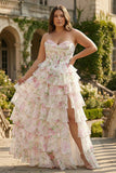 Plus Size Light Pink Floral Sweetheart Ruffled Long Corset Prom Dress with Slit