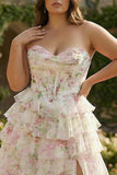 Plus Size Light Pink Floral Sweetheart Ruffled Long Corset Prom Dress with Slit