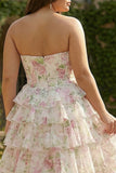 Plus Size Light Pink Floral Sweetheart Ruffled Long Corset Prom Dress with Slit