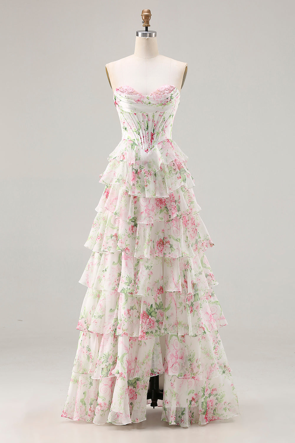 Floral Pink Tiered A Line Ruffled Long Corset Prom Dress with Slit