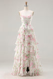 Floral Pink Tiered A Line Ruffled Long Corset Prom Dress with Slit