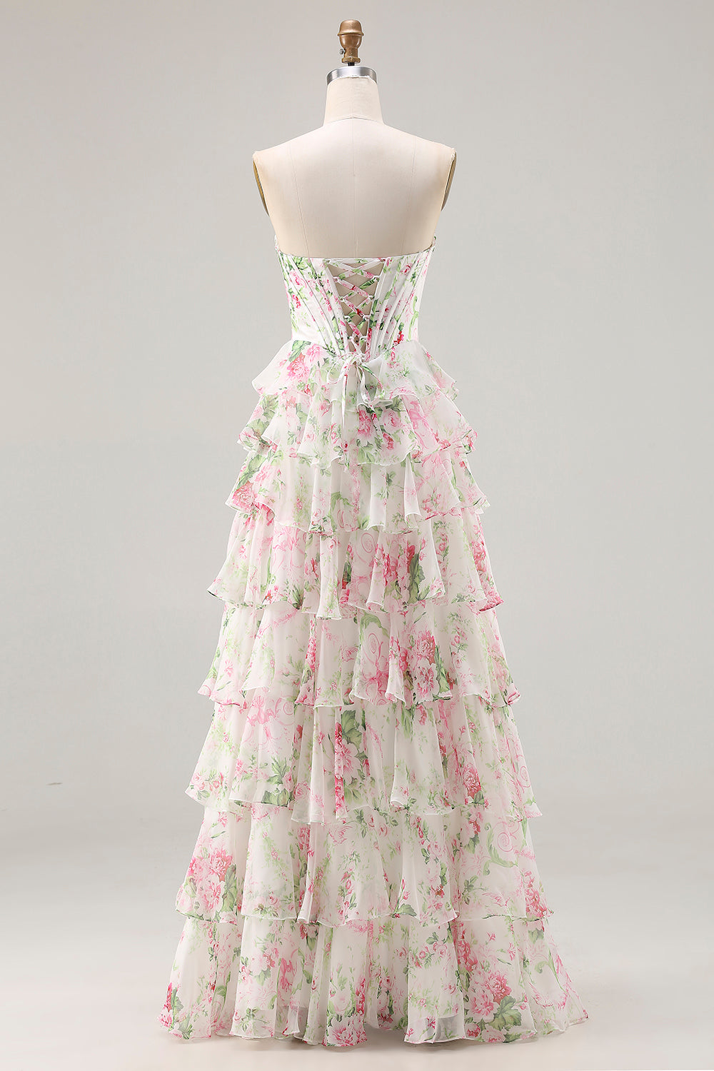 Floral Pink Tiered A Line Ruffled Long Corset Prom Dress with Slit