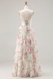 Floral Pink Tiered A Line Ruffled Long Corset Prom Dress with Slit