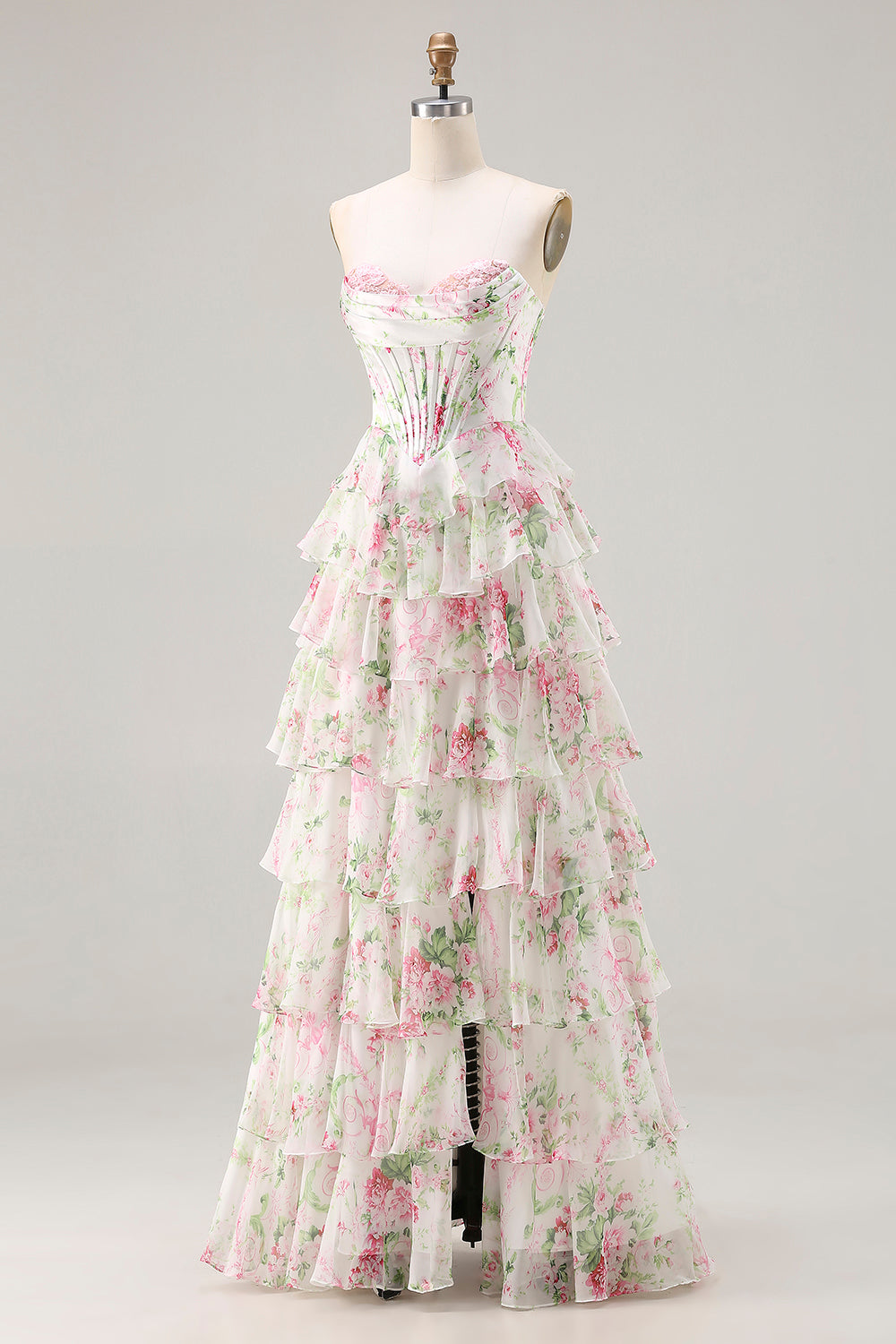 Floral Pink Tiered A Line Ruffled Long Corset Prom Dress with Slit