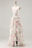 Floral Pink Tiered A Line Ruffled Long Corset Prom Dress with Slit