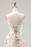 Floral Pink Tiered A Line Ruffled Long Corset Prom Dress with Slit