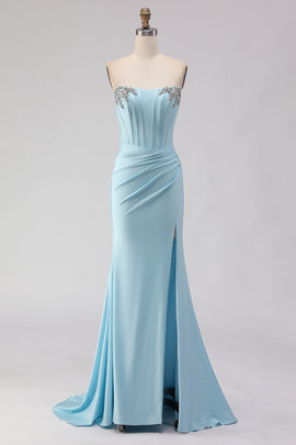 Sparkly Sky Blue Beaded Ruched Long Corset Prom Dress with Slit