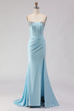 Sparkly Sky Blue Beaded Ruched Long Corset Prom Dress with Slit