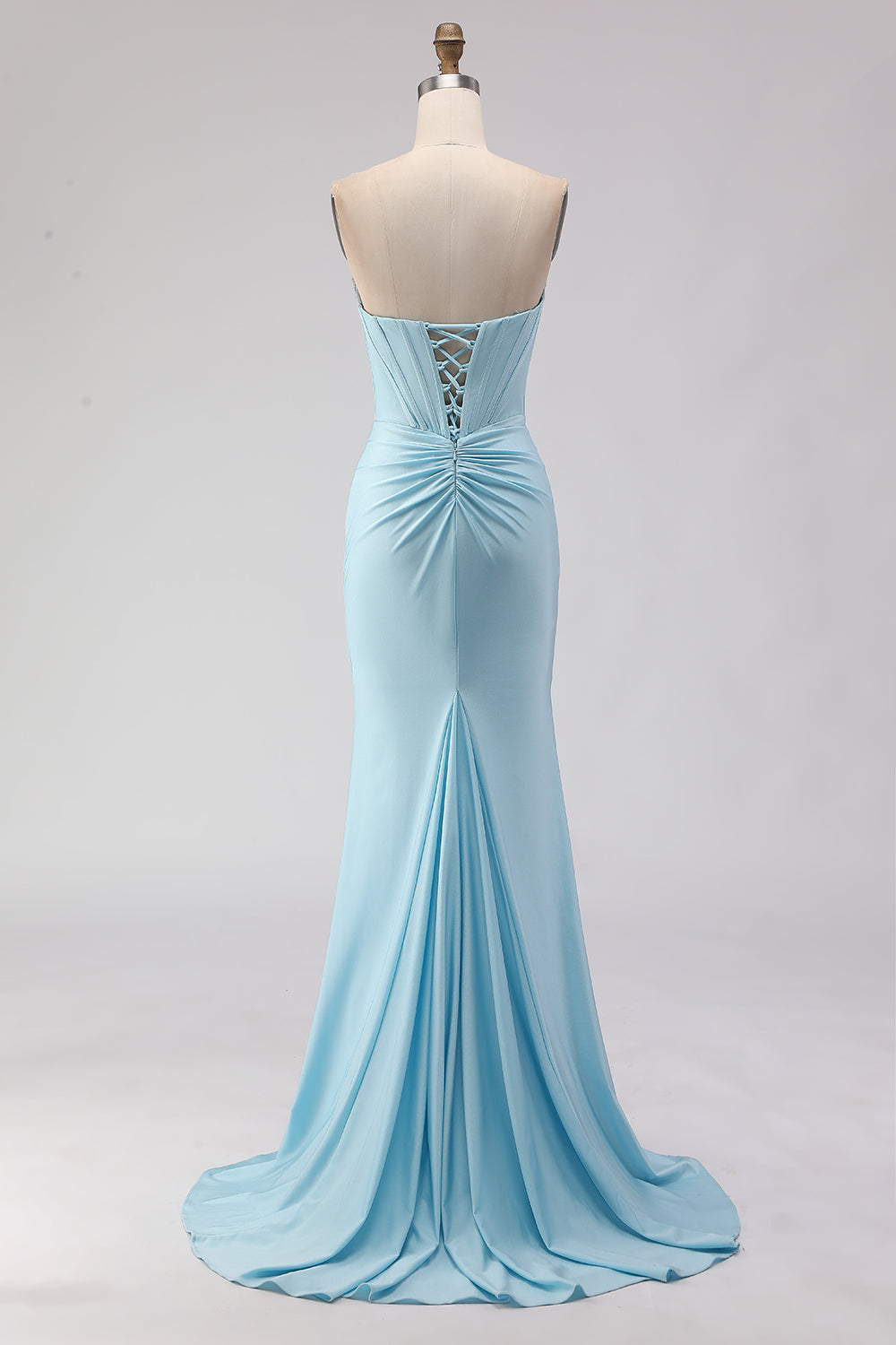 Sparkly Sky Blue Beaded Ruched Long Corset Prom Dress with Slit