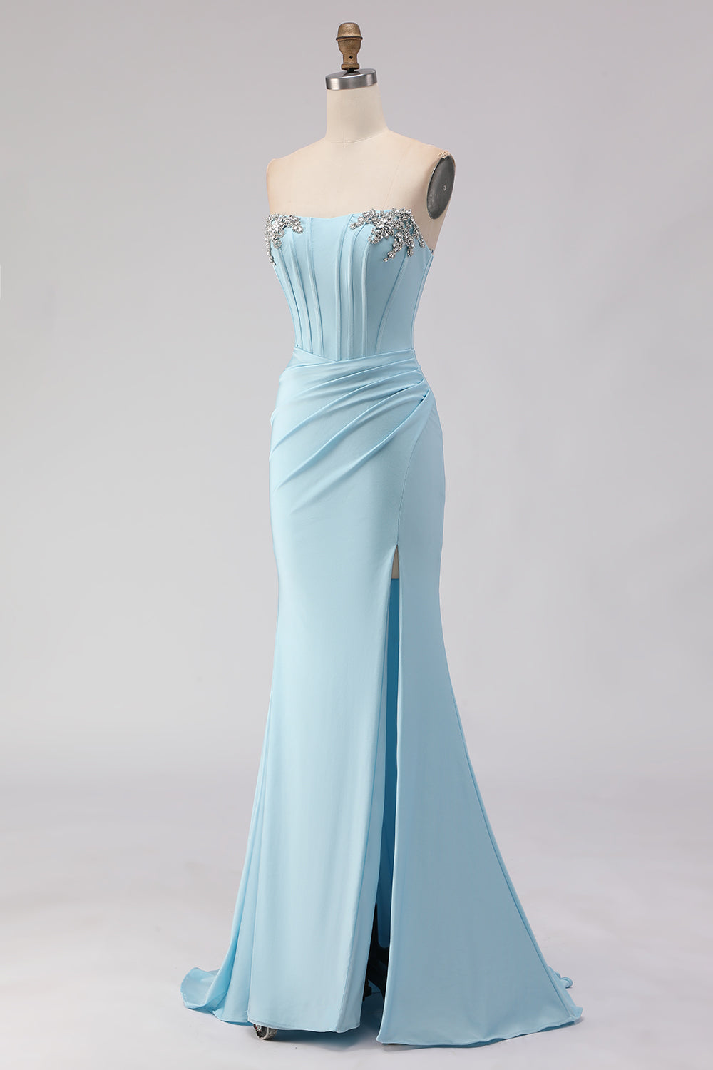 Sparkly Sky Blue Beaded Ruched Long Corset Prom Dress with Slit