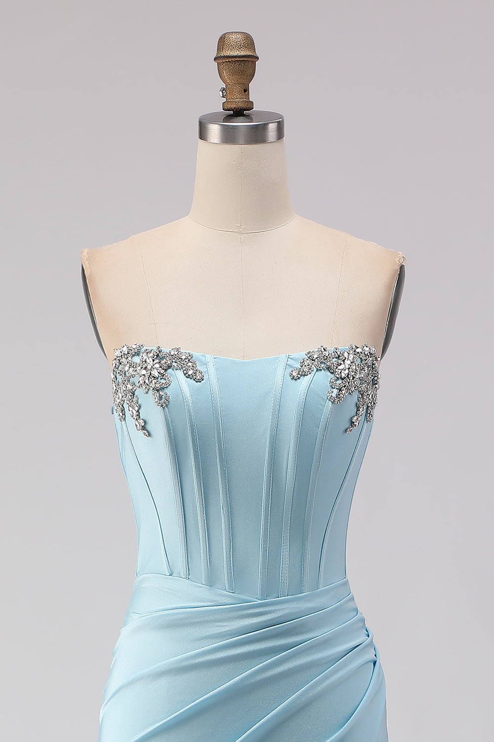 Sparkly Sky Blue Beaded Ruched Long Corset Prom Dress with Slit