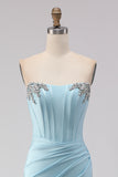 Sparkly Sky Blue Beaded Ruched Long Corset Prom Dress with Slit