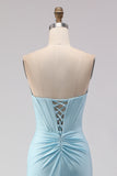 Sparkly Sky Blue Beaded Ruched Long Corset Prom Dress with Slit
