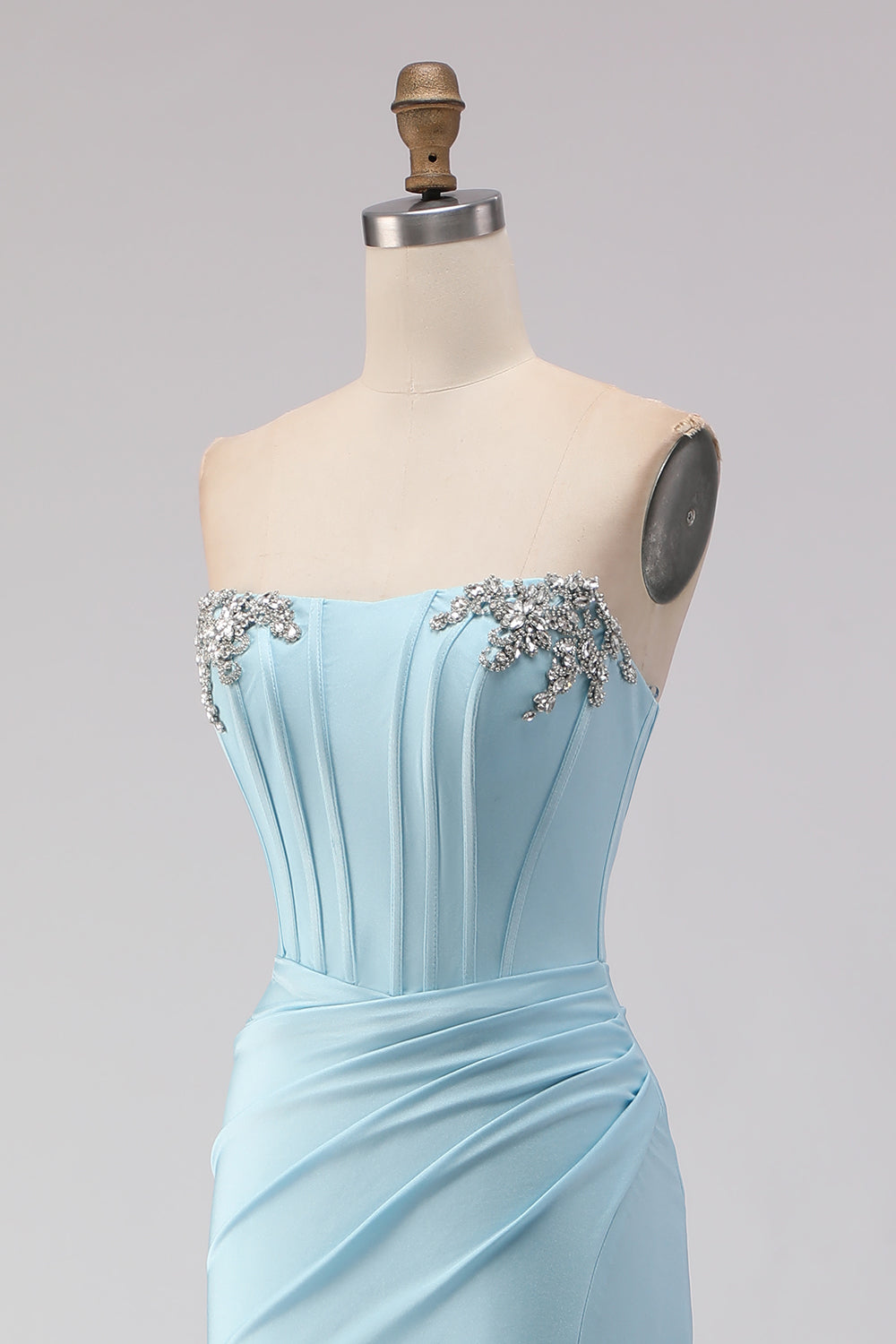 Sparkly Sky Blue Beaded Ruched Long Corset Prom Dress with Slit