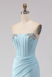 Sparkly Sky Blue Beaded Ruched Long Corset Prom Dress with Slit