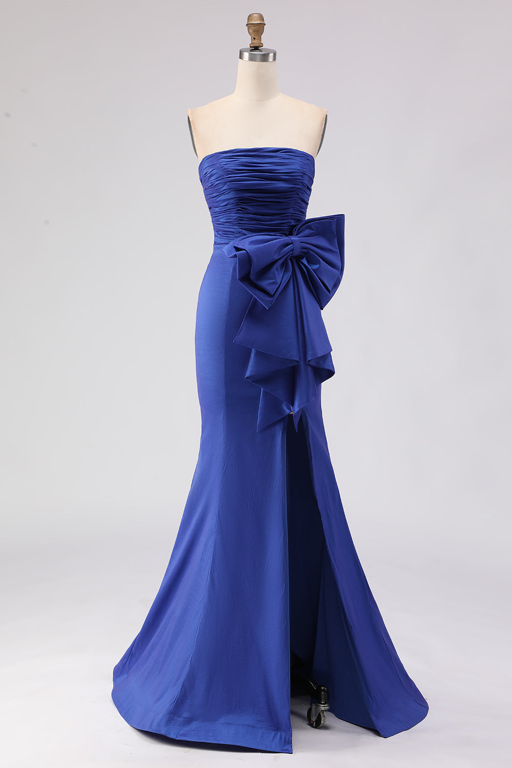 Royal Blue Satin Strapless Mermaid Long Prom Dress with Slit
