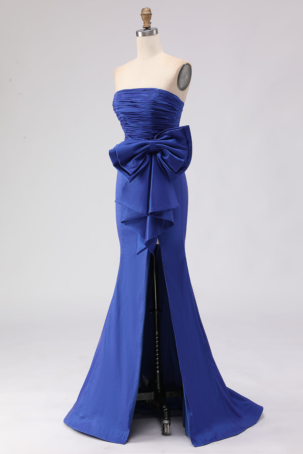 Royal Blue Satin Strapless Mermaid Long Prom Dress with Slit