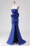 Royal Blue Satin Strapless Mermaid Long Prom Dress with Slit