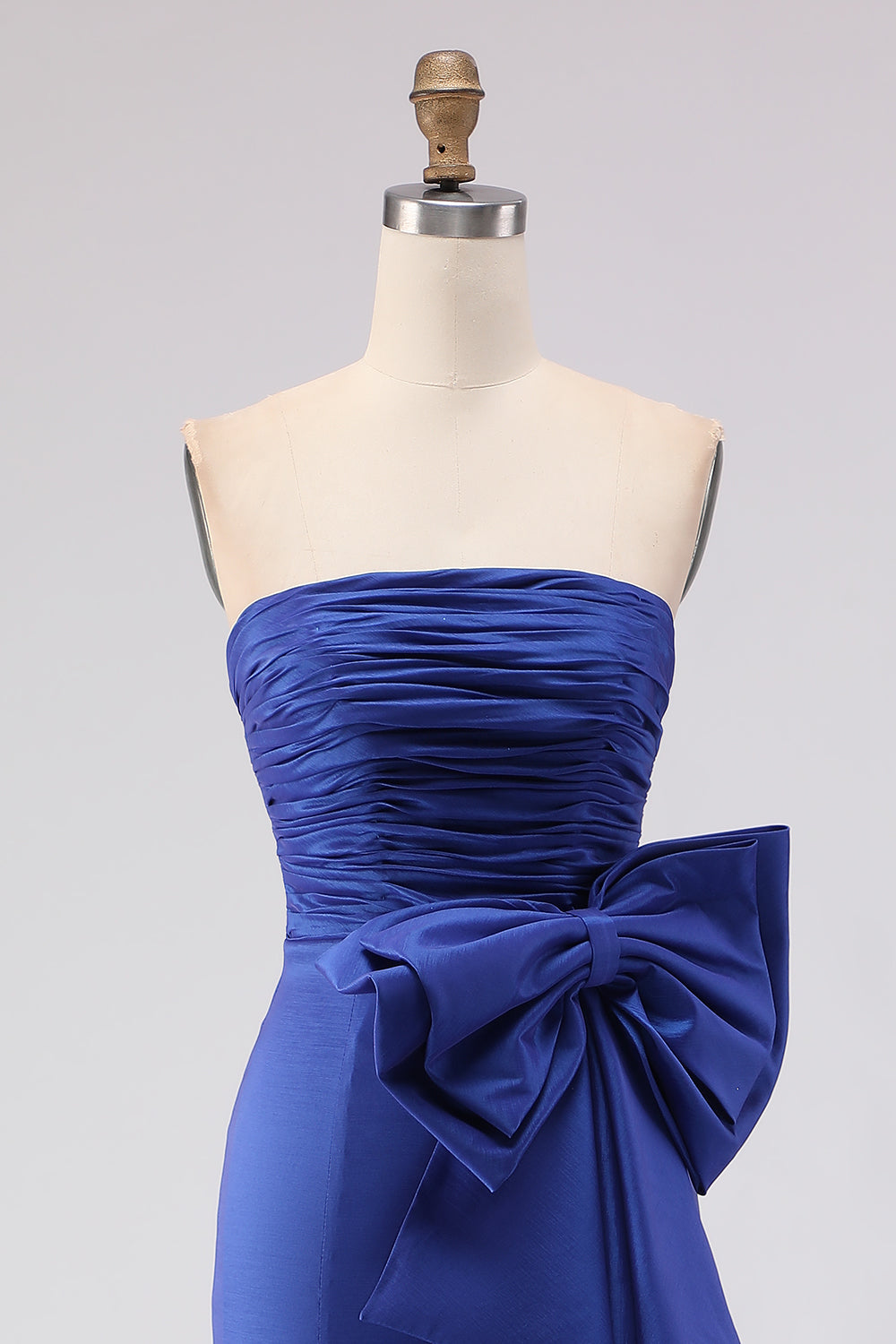 Royal Blue Satin Strapless Mermaid Long Prom Dress with Slit