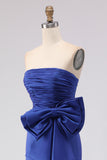 Royal Blue Satin Strapless Mermaid Long Prom Dress with Slit