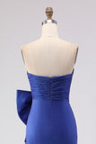 Royal Blue Satin Strapless Mermaid Long Prom Dress with Slit