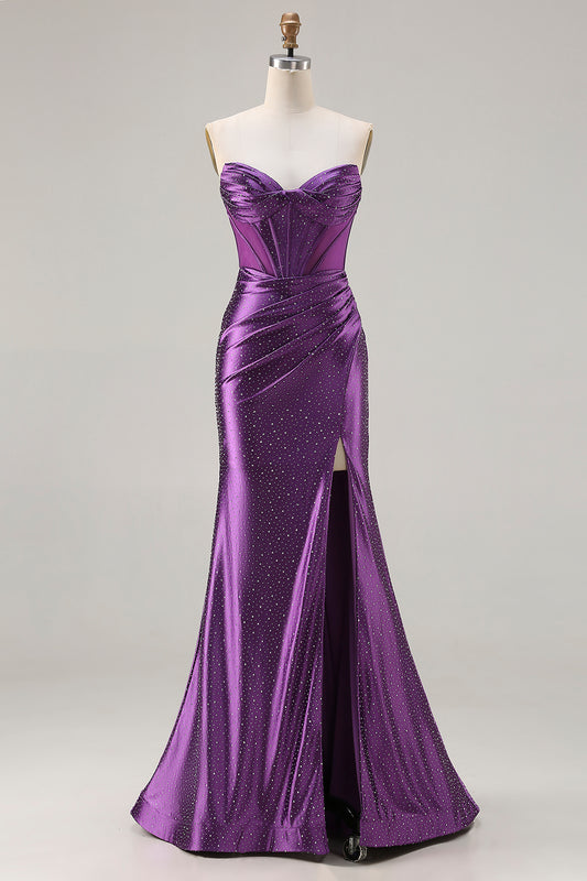 Sparkly Dark Purple Beaded Mermaid Long Corset Prom Dress with Slit