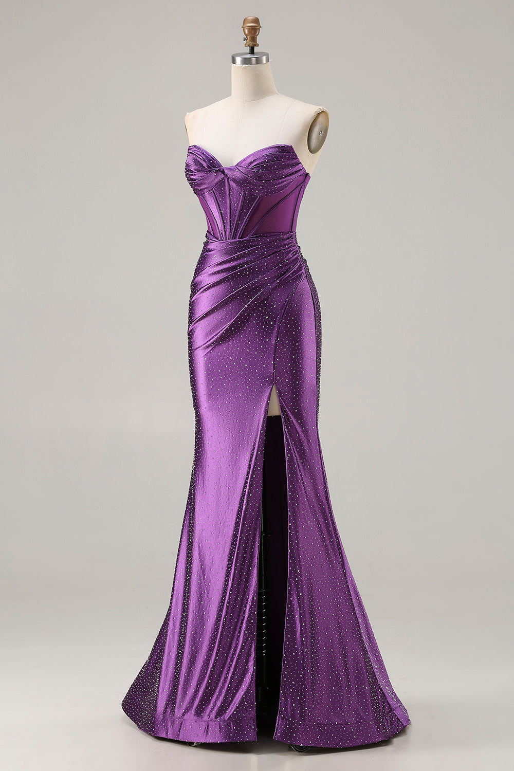 Sparkly Dark Purple Beaded Mermaid Long Corset Prom Dress with Slit