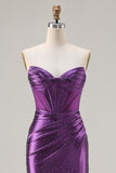 Sparkly Dark Purple Beaded Mermaid Long Corset Prom Dress with Slit