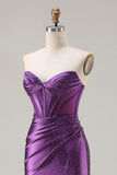 Sparkly Dark Purple Beaded Mermaid Long Corset Prom Dress with Slit