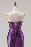 Sparkly Dark Purple Beaded Mermaid Long Corset Prom Dress with Slit