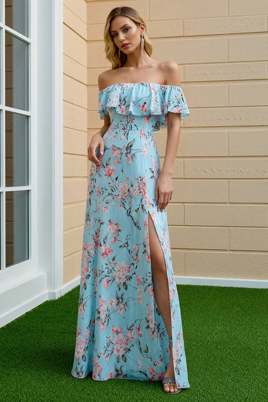 Floral Blue and Pink Sheath Off the Shoulder Long Bridesmaid Dress with Slit