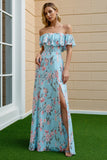 Floral Blue and Pink Sheath Off the Shoulder Long Bridesmaid Dress with Slit