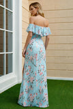 Floral Blue and Pink Sheath Off the Shoulder Long Bridesmaid Dress with Slit