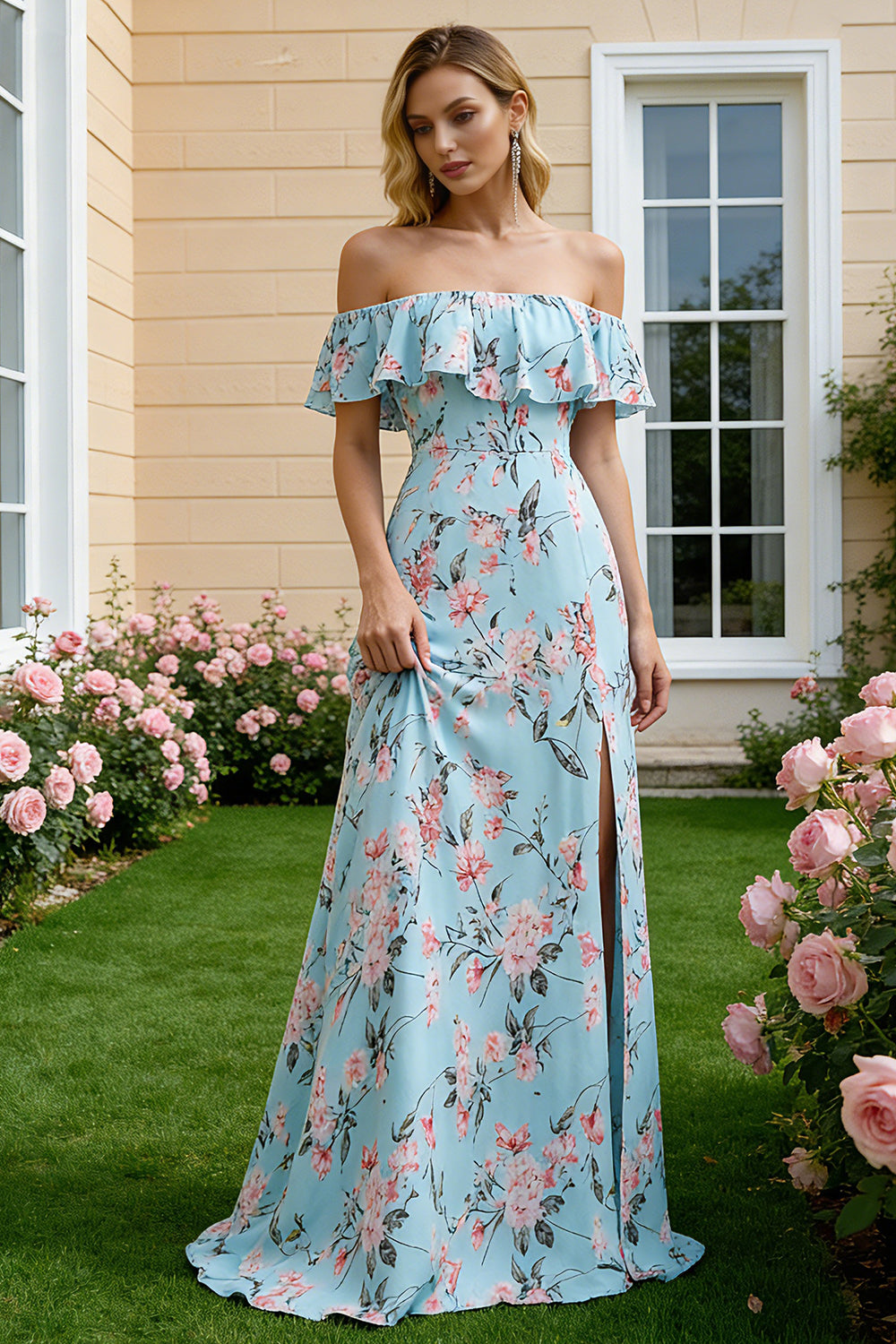 Floral Blue and Pink Sheath Off the Shoulder Long Bridesmaid Dress with Slit