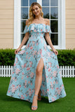 Floral Blue and Pink Sheath Off the Shoulder Long Bridesmaid Dress with Slit