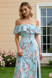 Floral Blue and Pink Sheath Off the Shoulder Long Bridesmaid Dress with Slit