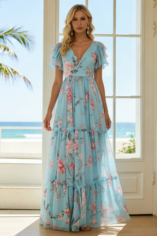 Floral Blue and Pink Ruffled A Line V-Neck Long Bridesmaid Dress