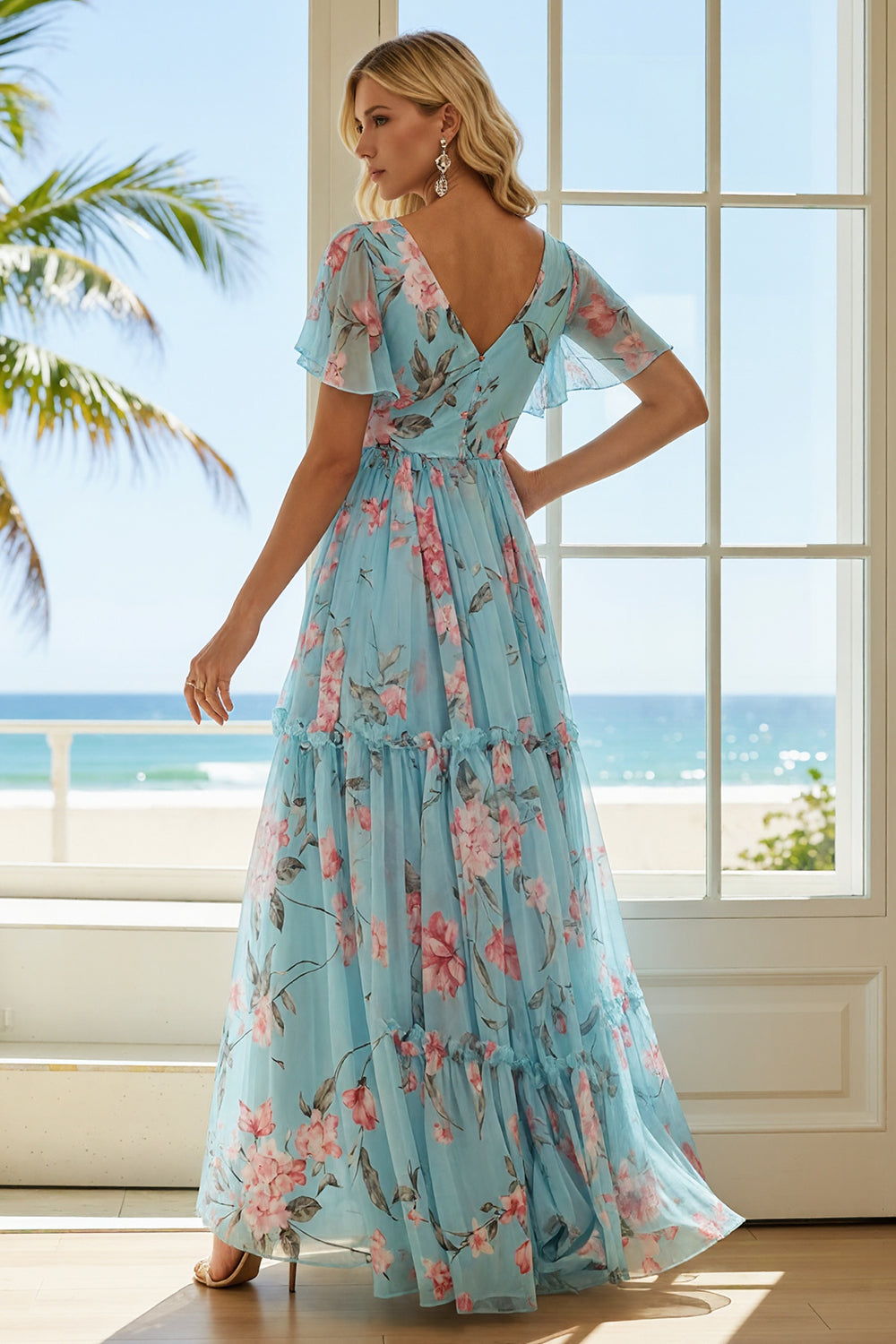 Floral Blue and Pink Ruffled A Line V-Neck Long Bridesmaid Dress