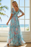 Floral Blue and Pink Ruffled A Line V-Neck Long Bridesmaid Dress
