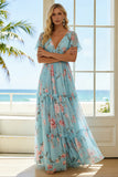 Floral Blue and Pink Ruffled A Line V-Neck Long Bridesmaid Dress