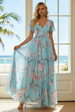 Floral Blue and Pink Ruffled A Line V-Neck Long Bridesmaid Dress