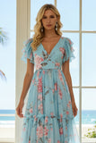 Floral Blue and Pink Ruffled A Line V-Neck Long Bridesmaid Dress