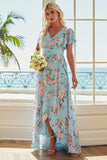 Floral Blue and Pink V-Neck Asymmetrical Bridesmaid Dress with Sleeves