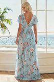Floral Blue and Pink V-Neck Asymmetrical Bridesmaid Dress with Sleeves