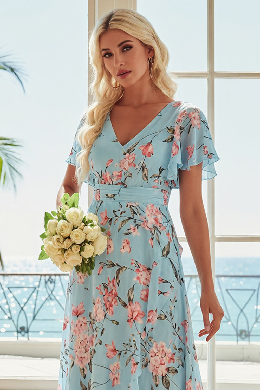 Floral Blue and Pink V-Neck Asymmetrical Bridesmaid Dress with Sleeves