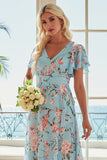 Floral Blue and Pink V-Neck Asymmetrical Bridesmaid Dress with Sleeves