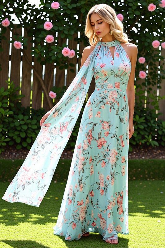 Blue and Pink Floral Chiffon Long Bridesmaid Dress with Side Cape