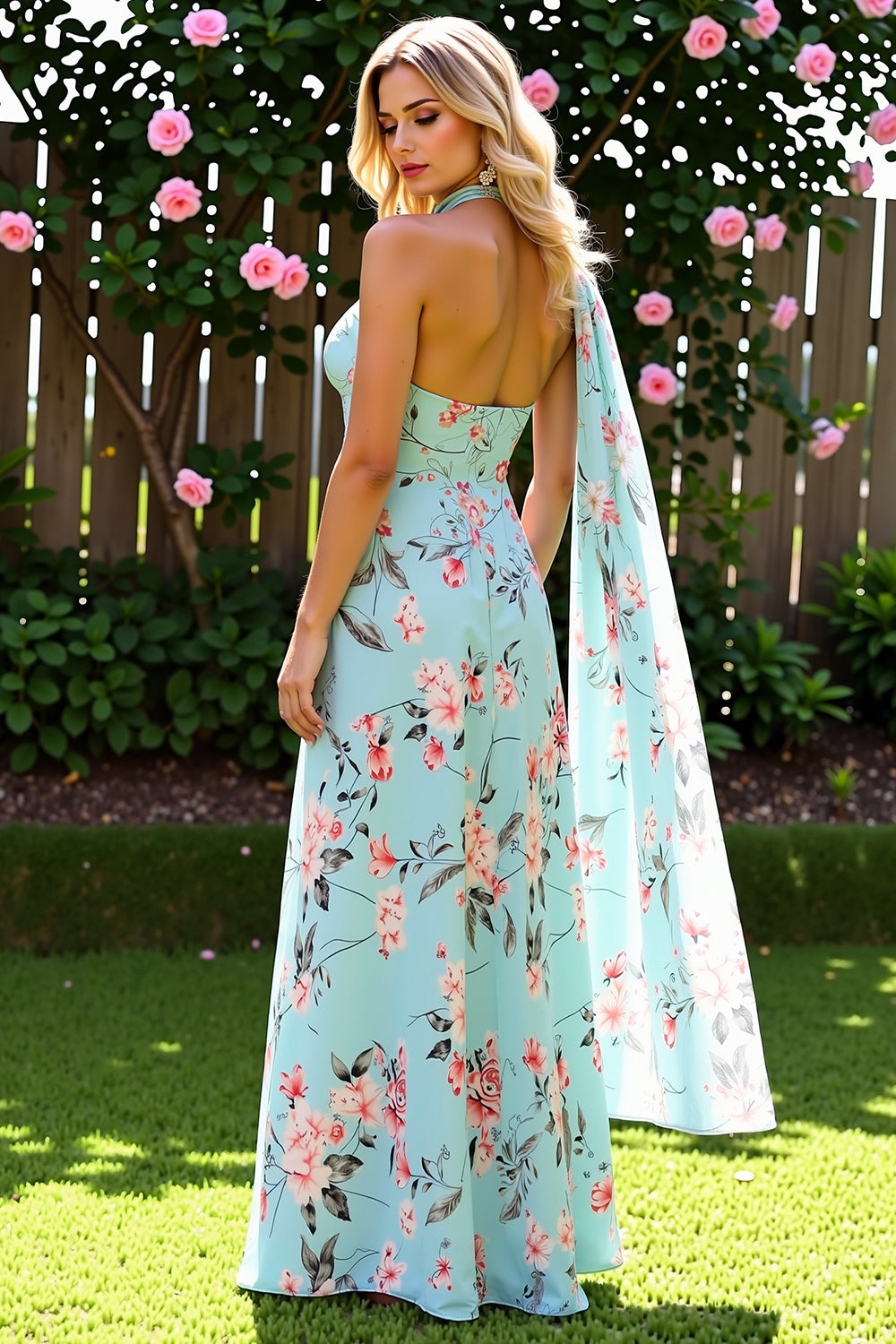 Blue and Pink Floral Chiffon Long Bridesmaid Dress with Side Cape