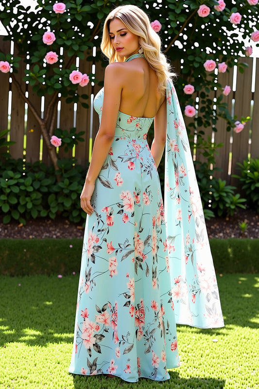 Blue and Pink Floral Chiffon Long Bridesmaid Dress with Side Cape
